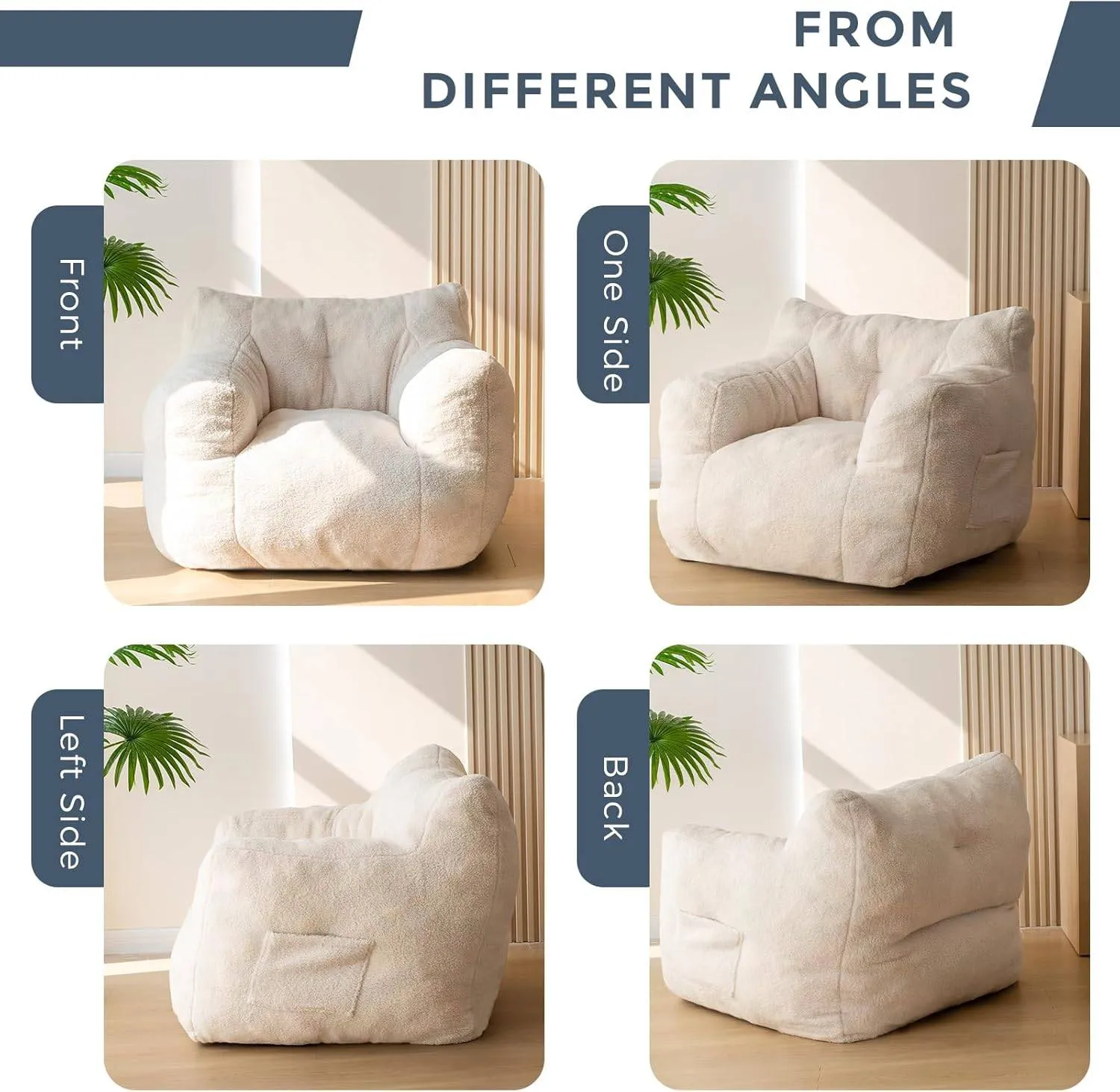 Living Room Bean Bag Chair for Adults Kids, Teddy Lazy Sofa Accent Chair with Pocket for Reading