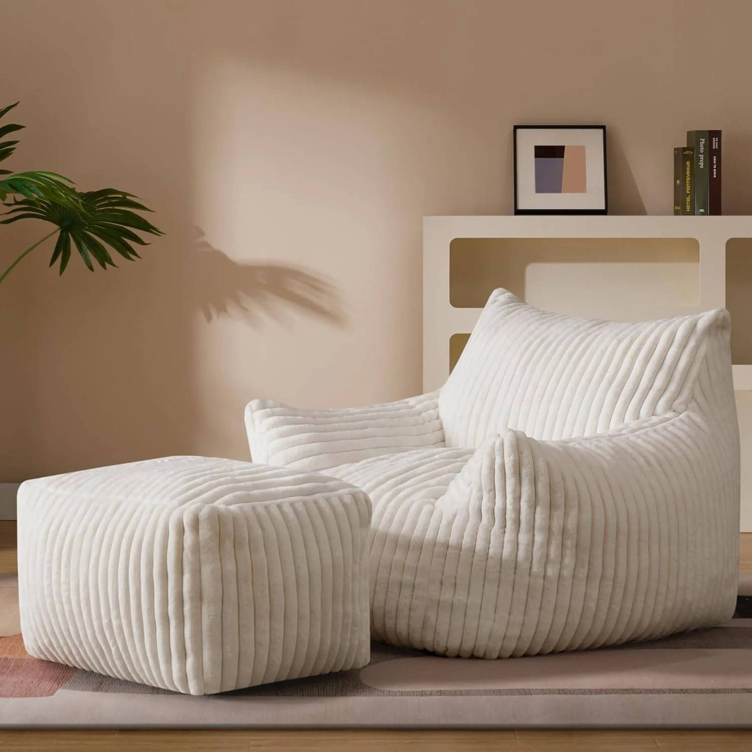 Giant Plush Bean Bag Chair for Adults with Armrests - Oversized Comfy Beige Beanbag Lounge Lazy Floor Sofa Chair for Living Room