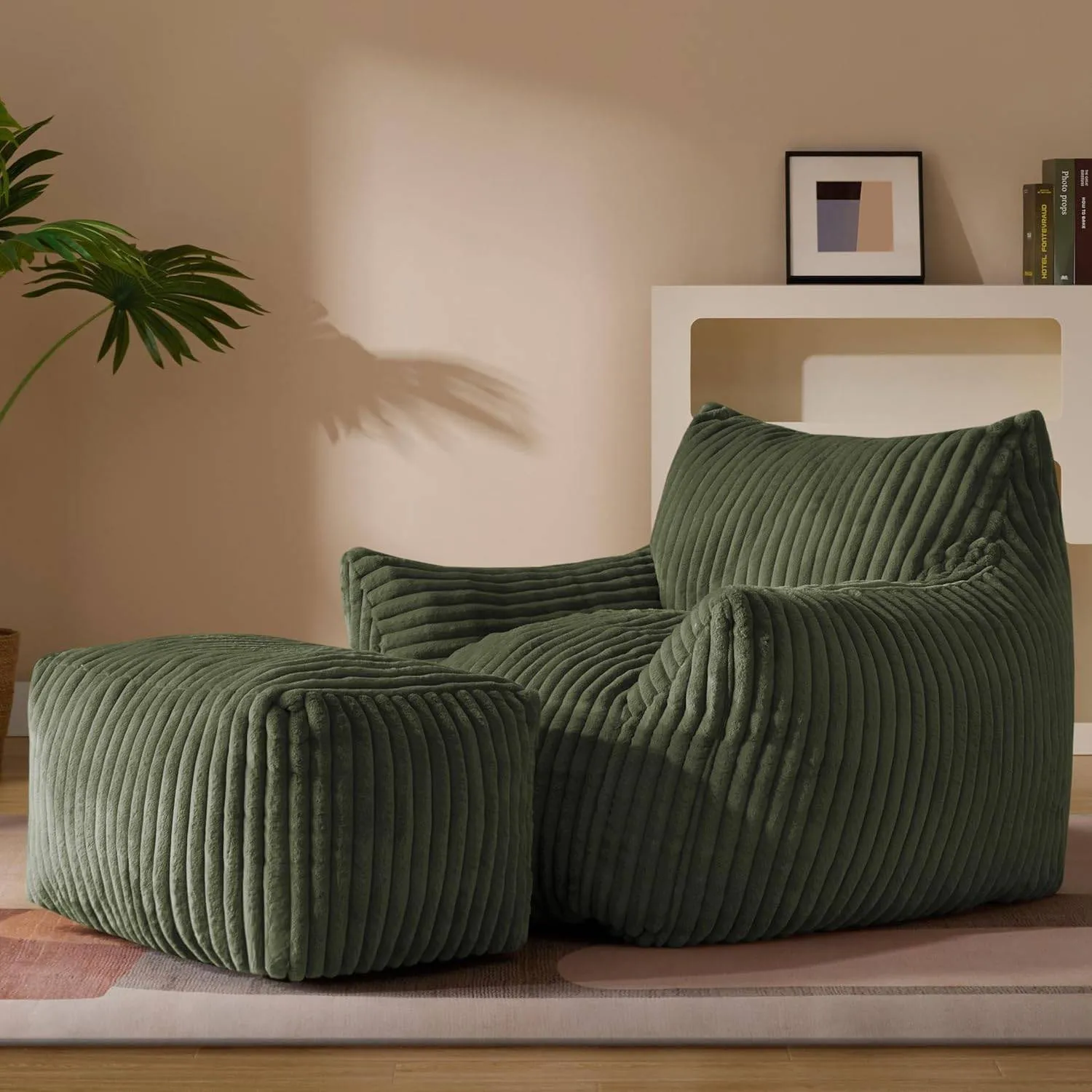 Giant Plush Bean Bag Chair for Adults with Armrests - Oversized Comfy Beige Beanbag Lounge Lazy Floor Sofa Chair for Living Room