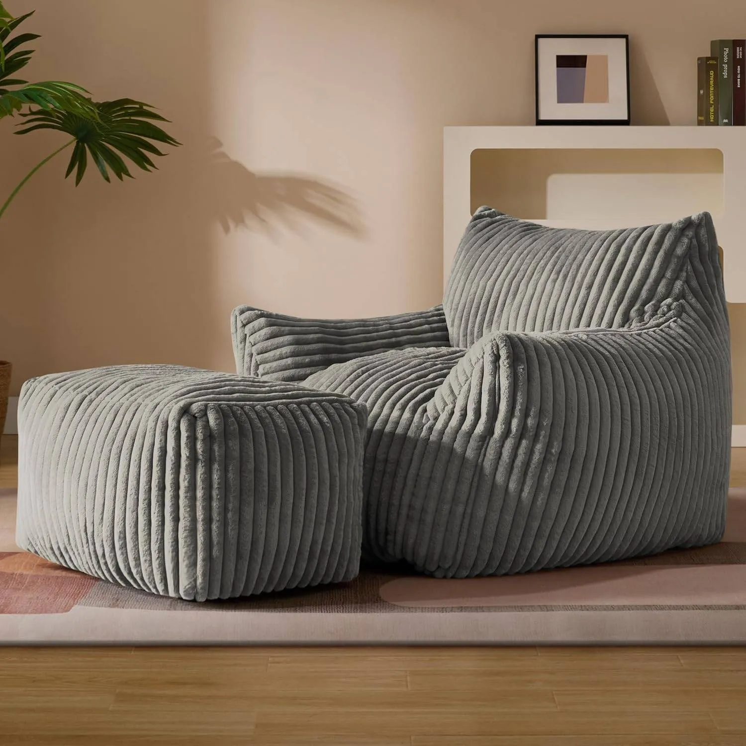 Giant Plush Bean Bag Chair for Adults with Armrests - Oversized Comfy Beige Beanbag Lounge Lazy Floor Sofa Chair for Living Room