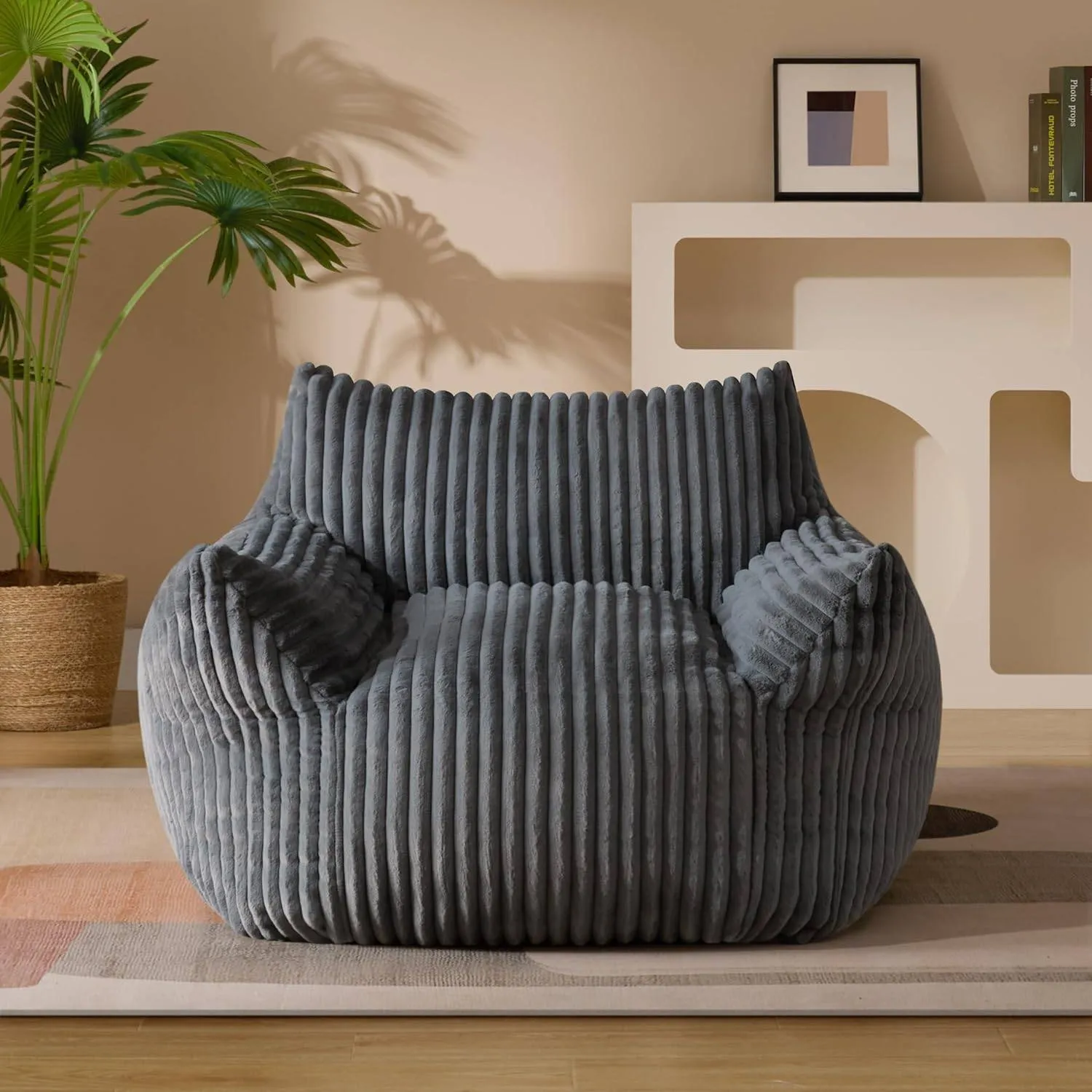 Giant Plush Bean Bag Chair for Adults with Armrests - Oversized Comfy Beige Beanbag Lounge Lazy Floor Sofa Chair for Living Room