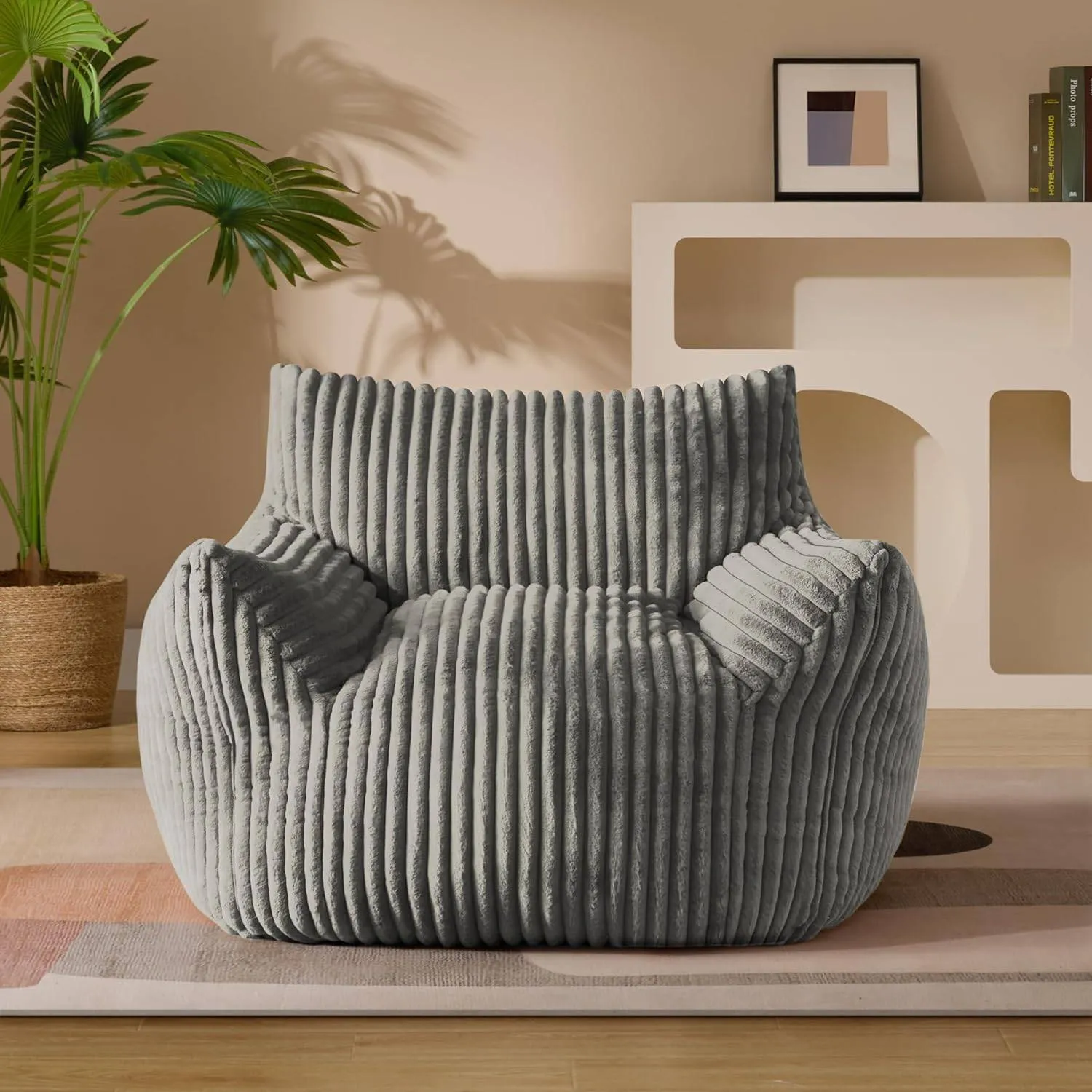 Giant Plush Bean Bag Chair for Adults with Armrests - Oversized Comfy Beige Beanbag Lounge Lazy Floor Sofa Chair for Living Room