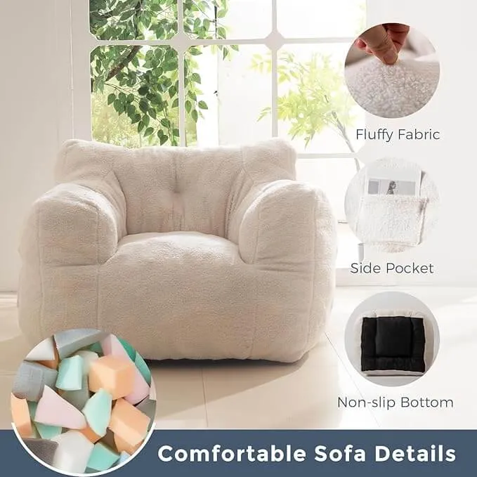 Living Room Bean Bag Chair for Adults Kids, Teddy Lazy Sofa Accent Chair with Pocket for Reading
