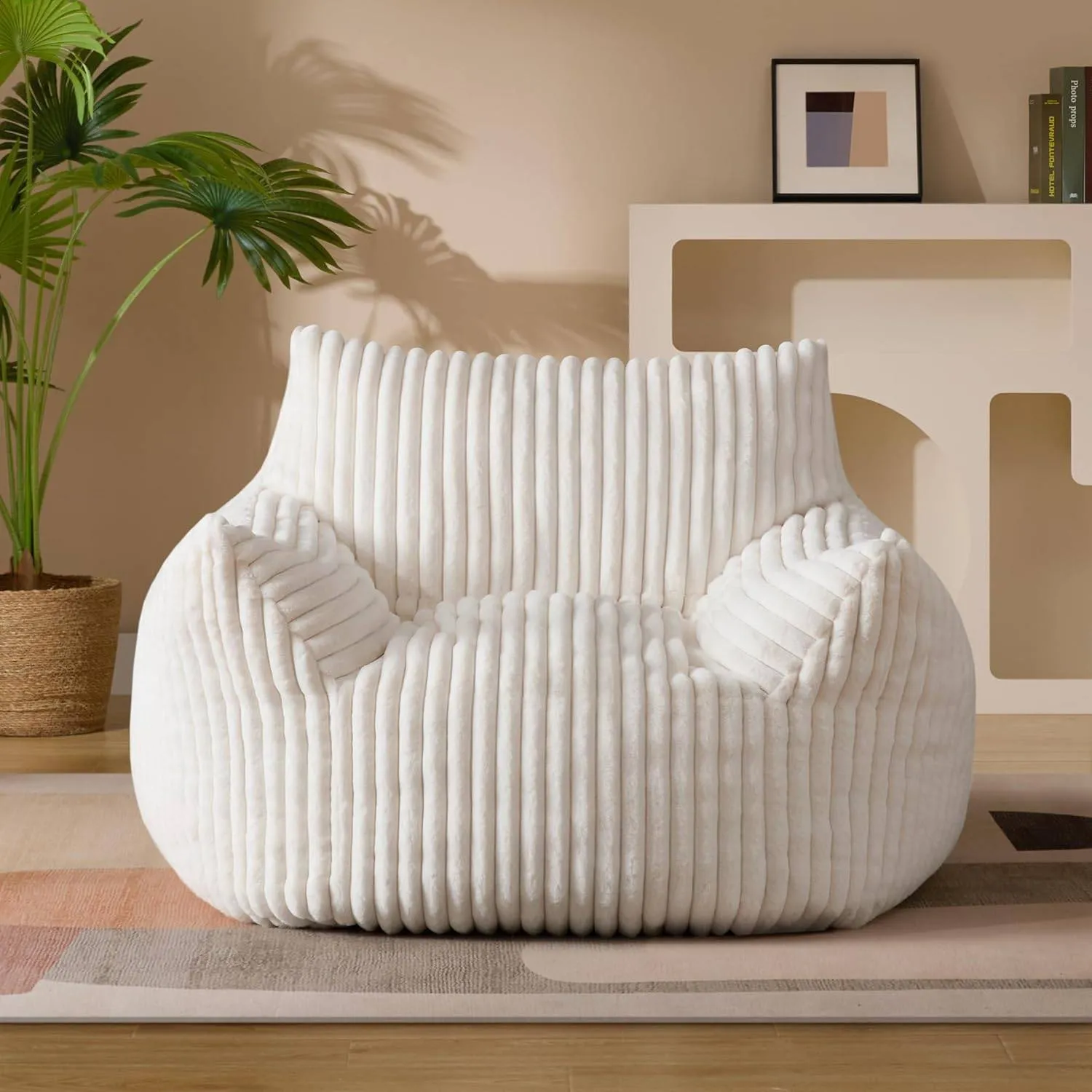 Giant Plush Bean Bag Chair for Adults with Armrests - Oversized Comfy Beige Beanbag Lounge Lazy Floor Sofa Chair for Living Room