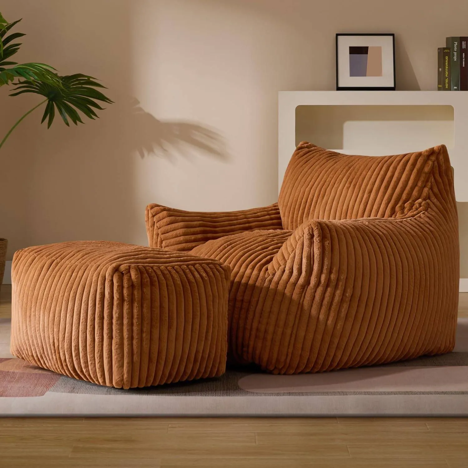 Giant Plush Bean Bag Chair for Adults with Armrests - Oversized Comfy Beige Beanbag Lounge Lazy Floor Sofa Chair for Living Room