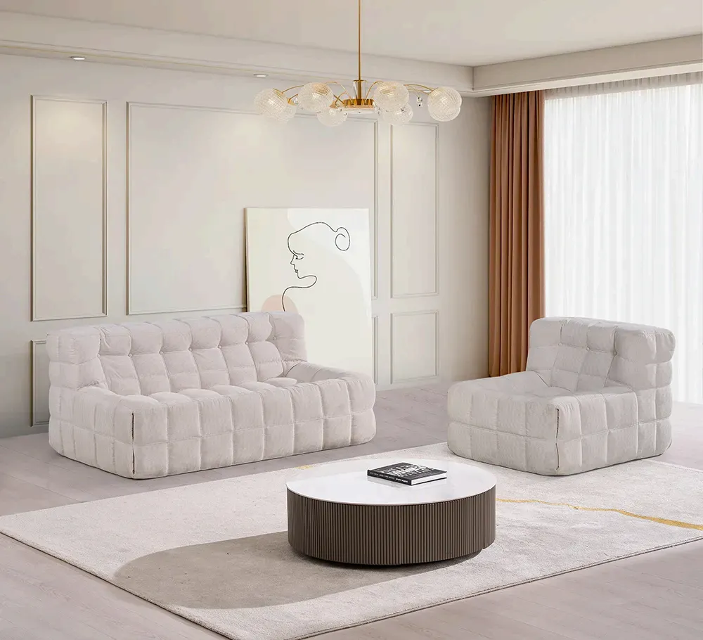 Retro-style waffle-shaped lazy sofa for a simple square living room balcony, cream-colored retro-style net single recliner.